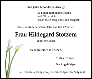 Anzeige von Hildegard Stotzem von Kölner Stadt-Anzeiger / Kölnische Rundschau / Express