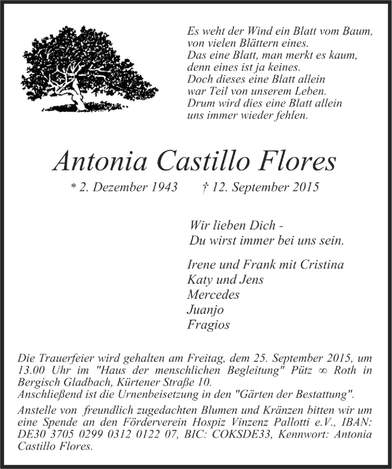 Traueranzeige für Antonia Castillo Flores vom 23.09.2015 aus  Bergisches Handelsblatt 