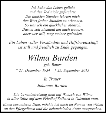 Anzeige von Wilma Barden von Kölner Stadt-Anzeiger / Kölnische Rundschau / Express