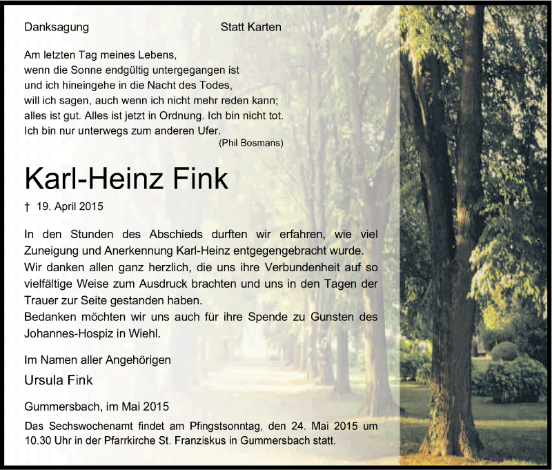  Traueranzeige für Karl-Heinz Fink vom 23.05.2015 aus Kölner Stadt-Anzeiger / Kölnische Rundschau / Express