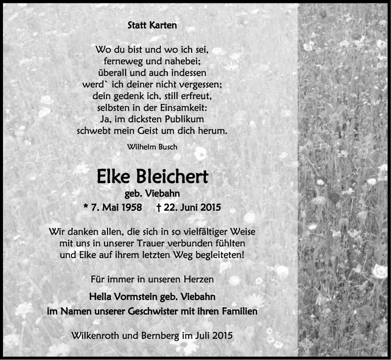  Traueranzeige für Elke Bleichert vom 25.07.2015 aus Kölner Stadt-Anzeiger / Kölnische Rundschau / Express
