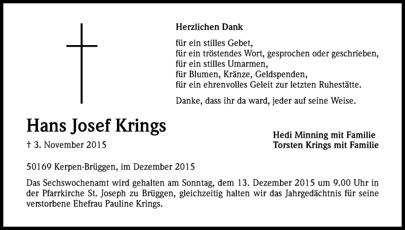  Traueranzeige für Hans Josef Krings vom 05.12.2015 aus Kölner Stadt-Anzeiger / Kölnische Rundschau / Express