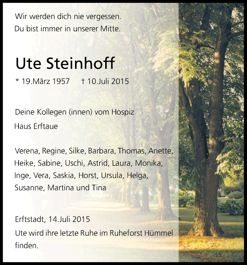  Traueranzeige für Ute Steinhoff vom 18.07.2015 aus Kölner Stadt-Anzeiger / Kölnische Rundschau / Express