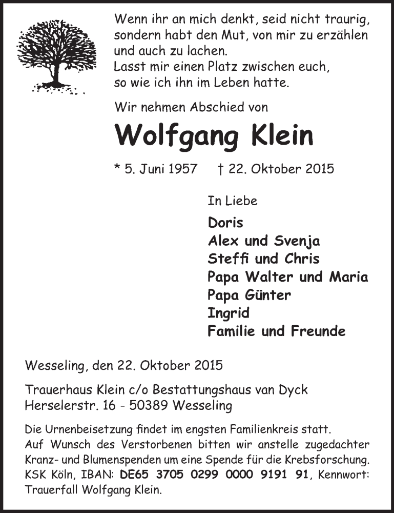  Traueranzeige für Wolfgang Klein vom 04.11.2015 aus  Schlossbote/Werbekurier 