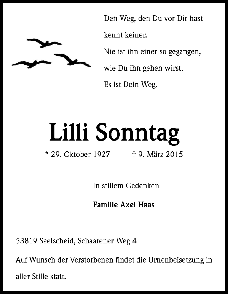  Traueranzeige für Lilli Sonntag vom 28.03.2015 aus Kölner Stadt-Anzeiger / Kölnische Rundschau / Express