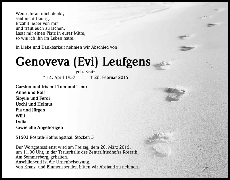  Traueranzeige für Genoveva  Leufgens vom 14.03.2015 aus Kölner Stadt-Anzeiger / Kölnische Rundschau / Express