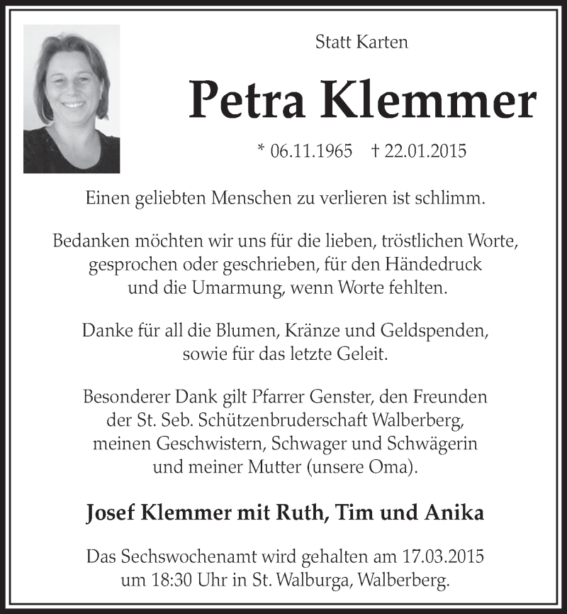  Traueranzeige für Petra Klemmer vom 11.03.2015 aus  Schlossbote/Werbekurier 