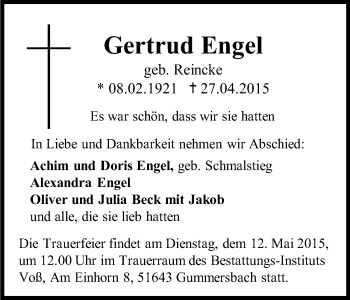 Anzeige von Gertrud Engel von Kölner Stadt-Anzeiger / Kölnische Rundschau / Express
