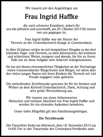 Anzeige von Ingrid Haffke von Köln - Wir Trauern
