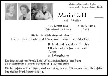 Anzeige von Maria Kahl von Kölner Stadt-Anzeiger / Kölnische Rundschau / Express