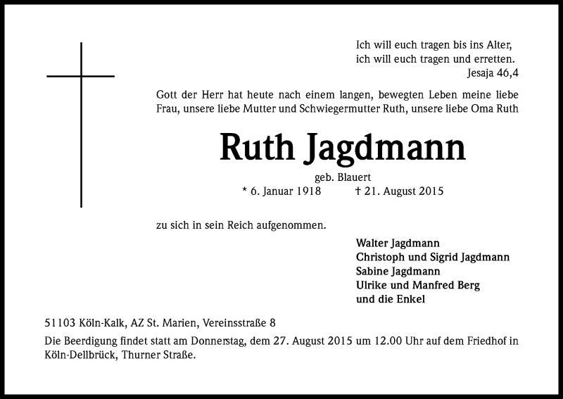  Traueranzeige für Ruth Jagdmann vom 26.08.2015 aus Kölner Stadt-Anzeiger / Kölnische Rundschau / Express