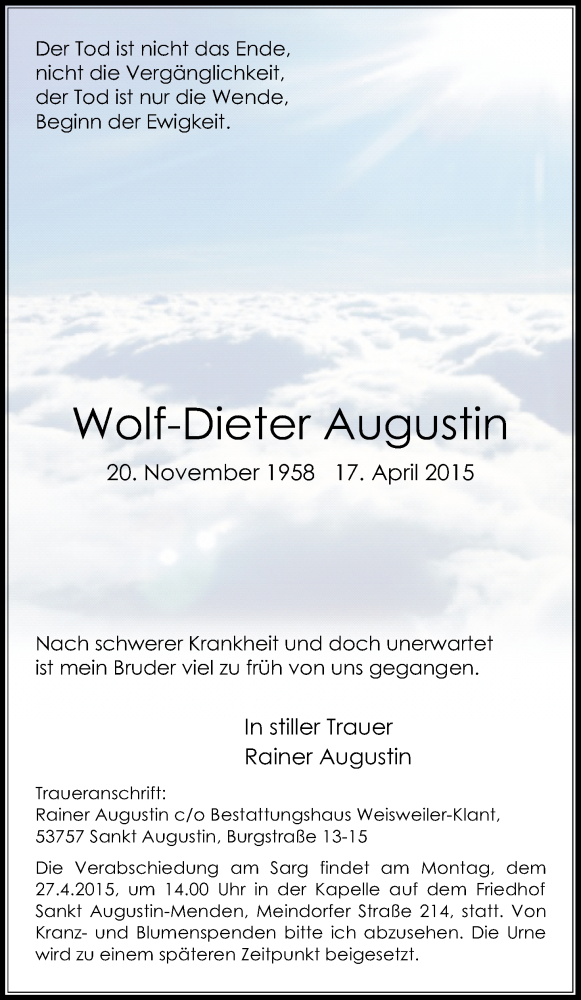  Traueranzeige für Wolf-Dieter Augustin vom 23.04.2015 aus Kölner Stadt-Anzeiger / Kölnische Rundschau / Express