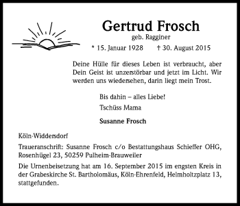 Anzeige von Gertrud Frosch von Kölner Stadt-Anzeiger / Kölnische Rundschau / Express