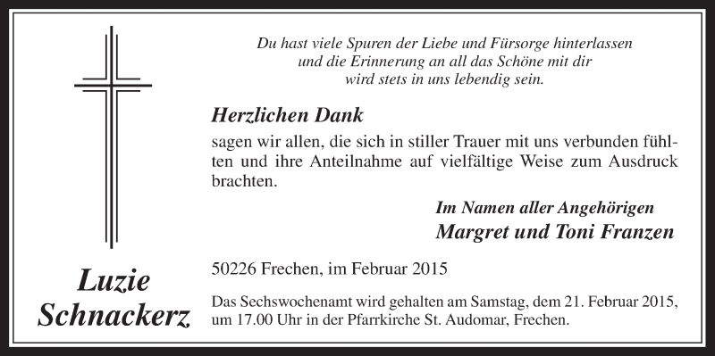  Traueranzeige für Luzie Schnackerz vom 18.02.2015 aus  Wochenende 