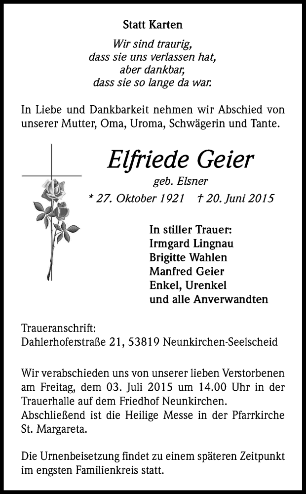  Traueranzeige für Elfriede Geier vom 26.06.2015 aus Kölner Stadt-Anzeiger / Kölnische Rundschau / Express