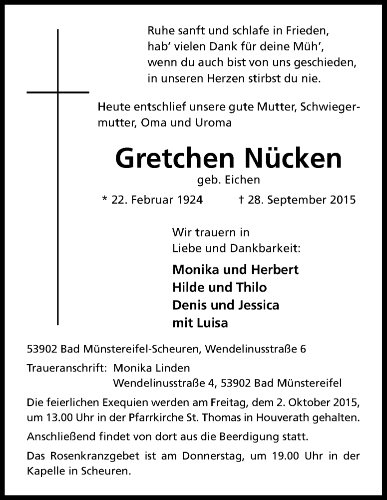  Traueranzeige für Gretchen Nücken vom 30.09.2015 aus Kölner Stadt-Anzeiger / Kölnische Rundschau / Express
