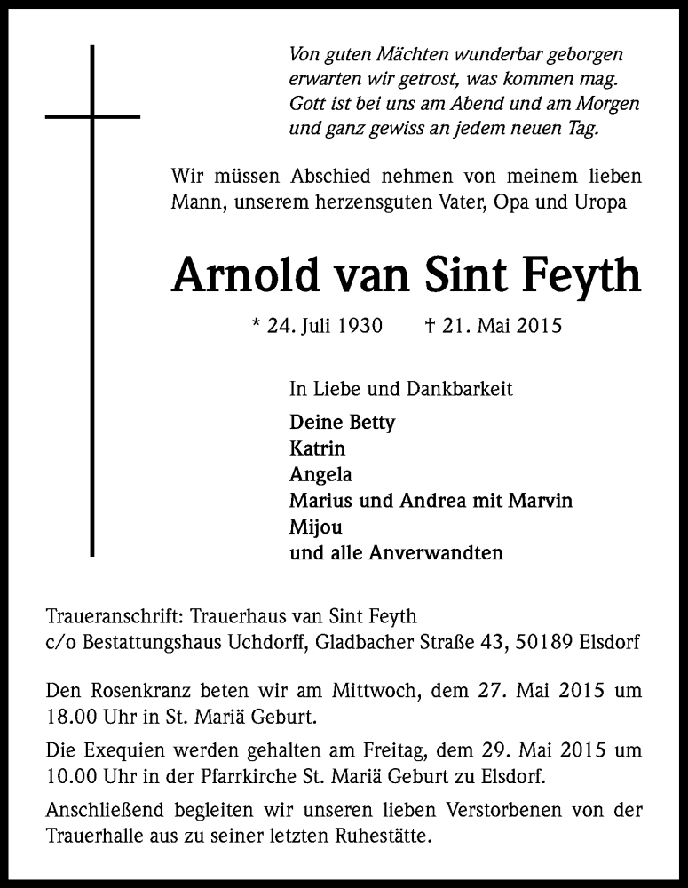  Traueranzeige für Arnold van Sint Feyth vom 23.05.2015 aus Kölner Stadt-Anzeiger / Kölnische Rundschau / Express
