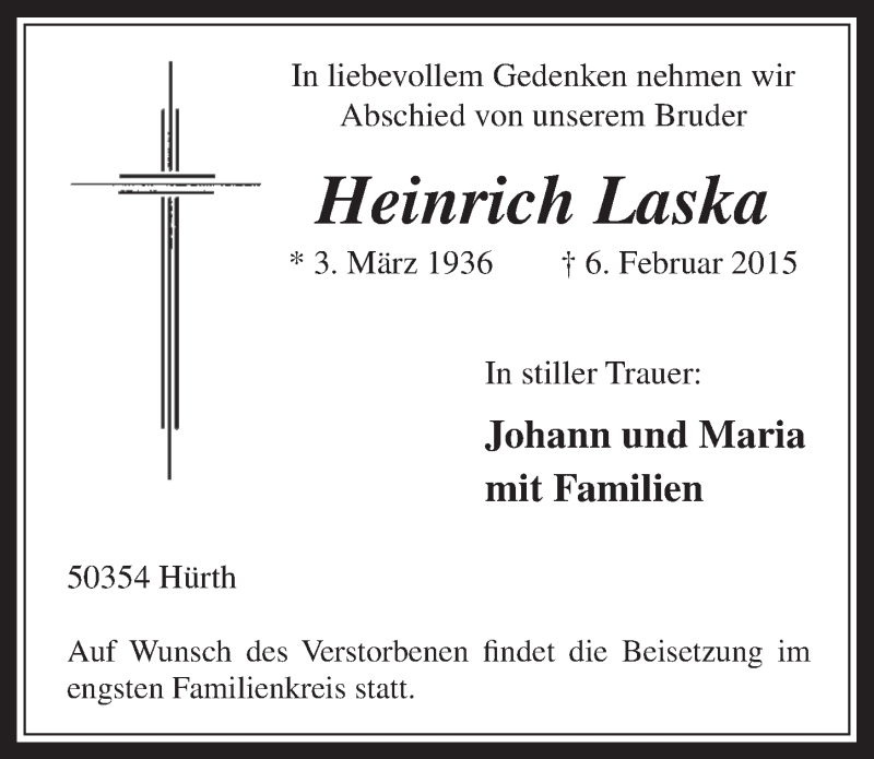  Traueranzeige für Heinrich Laska vom 25.02.2015 aus  Wochenende 
