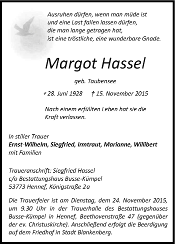 Anzeige von Margot Hassel von Kölner Stadt-Anzeiger / Kölnische Rundschau / Express