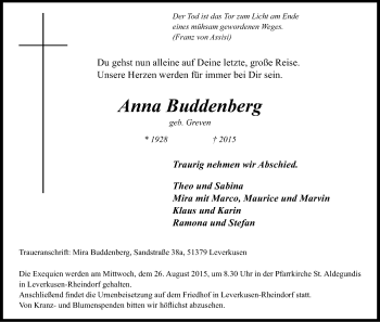 Anzeige von Anna Buddenberg von Kölner Stadt-Anzeiger / Kölnische Rundschau / Express