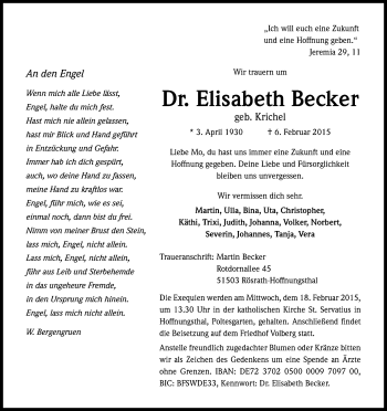Anzeige von Elisabeth Becker von Kölner Stadt-Anzeiger / Kölnische Rundschau / Express
