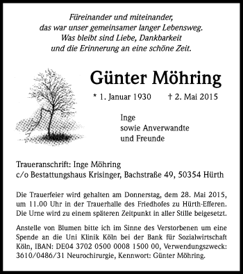 Anzeige von Günter Möhring von Kölner Stadt-Anzeiger / Kölnische Rundschau / Express