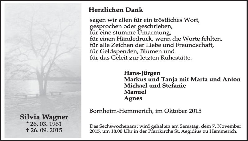  Traueranzeige für Silvia Wagner vom 28.10.2015 aus  Schlossbote/Werbekurier 