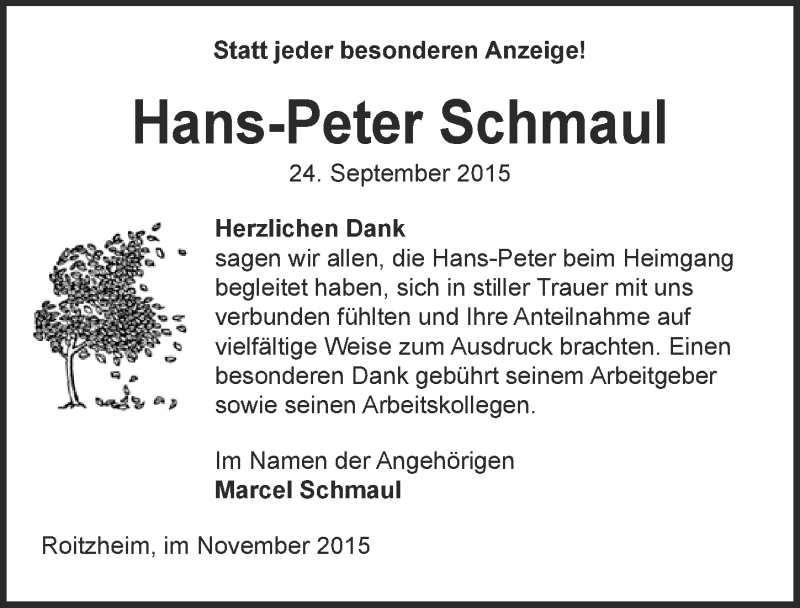  Traueranzeige für Hans-Peter Schmaul vom 22.11.2015 aus  Blickpunkt Euskirchen 