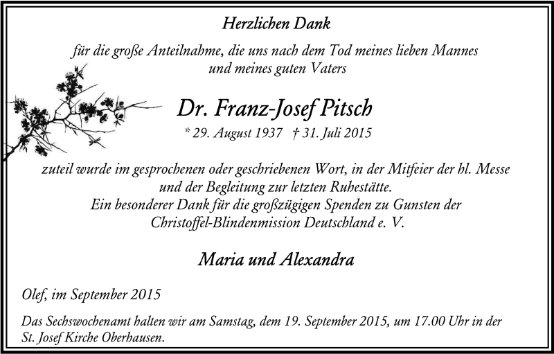 Traueranzeige für Franz Josef Pitsch vom 12.09.2015 aus Kölner Stadt-Anzeiger / Kölnische Rundschau / Express