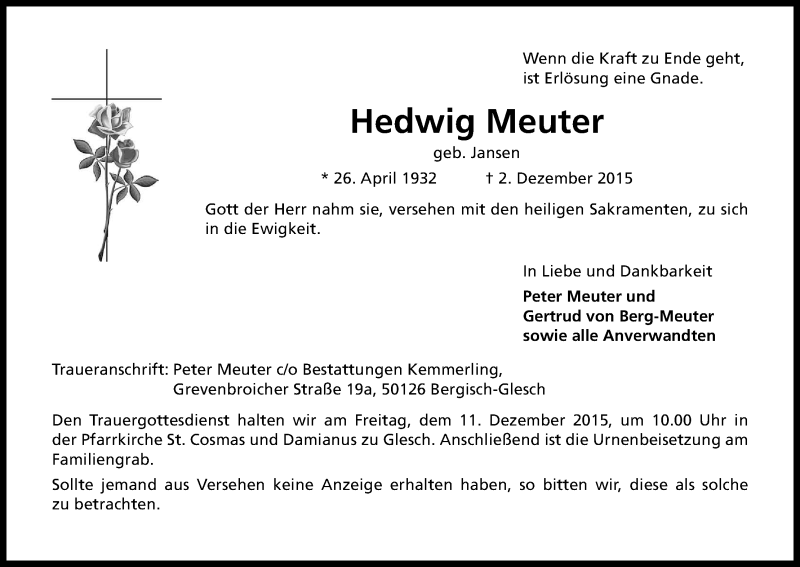  Traueranzeige für Hedwig Meuter vom 05.12.2015 aus Kölner Stadt-Anzeiger / Kölnische Rundschau / Express