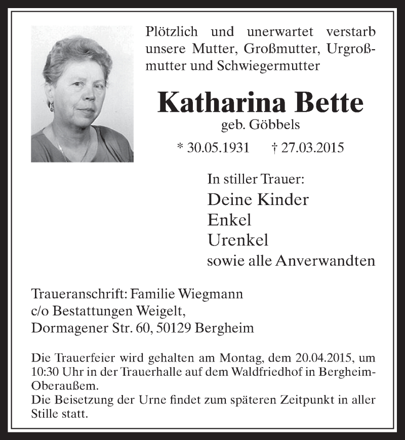  Traueranzeige für Katharina Bette vom 15.04.2015 aus  Werbepost 