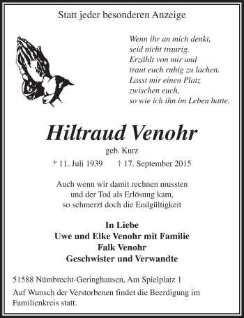 Anzeige von Hiltraud Venohr von  Lokalanzeiger 