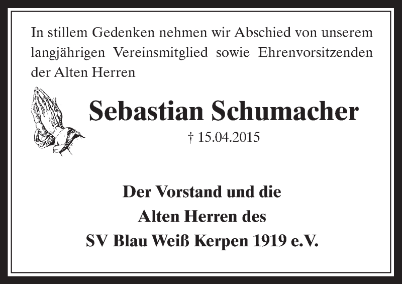  Traueranzeige für Sebastian Schumacher vom 29.04.2015 aus  Werbepost 