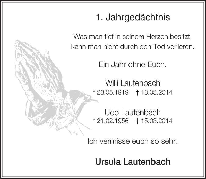  Traueranzeige für Willi und Udo Lauterbach vom 11.03.2015 aus  Kölner Wochenspiegel 
