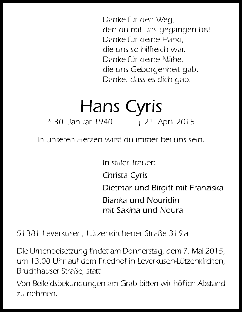  Traueranzeige für Hans Cyris vom 02.05.2015 aus Kölner Stadt-Anzeiger / Kölnische Rundschau / Express
