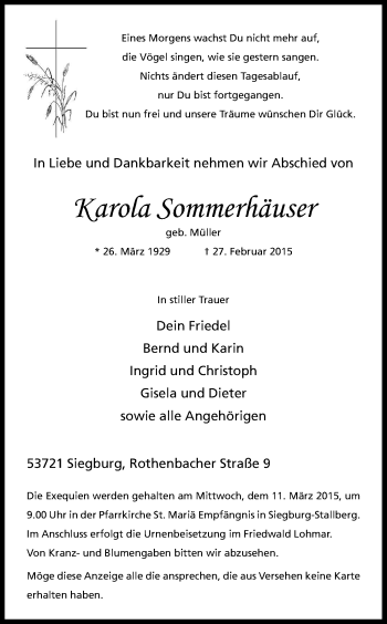 Anzeige von Karola Sommerhäuser von Kölner Stadt-Anzeiger / Kölnische Rundschau / Express