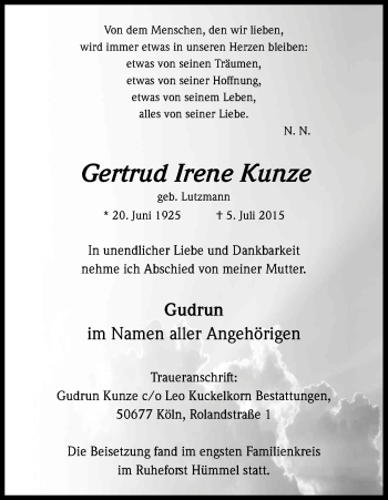 Anzeige von Gertrud Irene Kunze von Kölner Stadt-Anzeiger / Kölnische Rundschau / Express