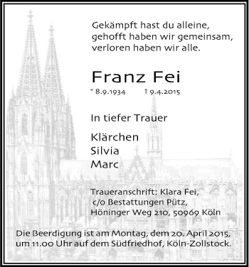 Anzeige von Franz Fei von Kölner Stadt-Anzeiger / Kölnische Rundschau / Express