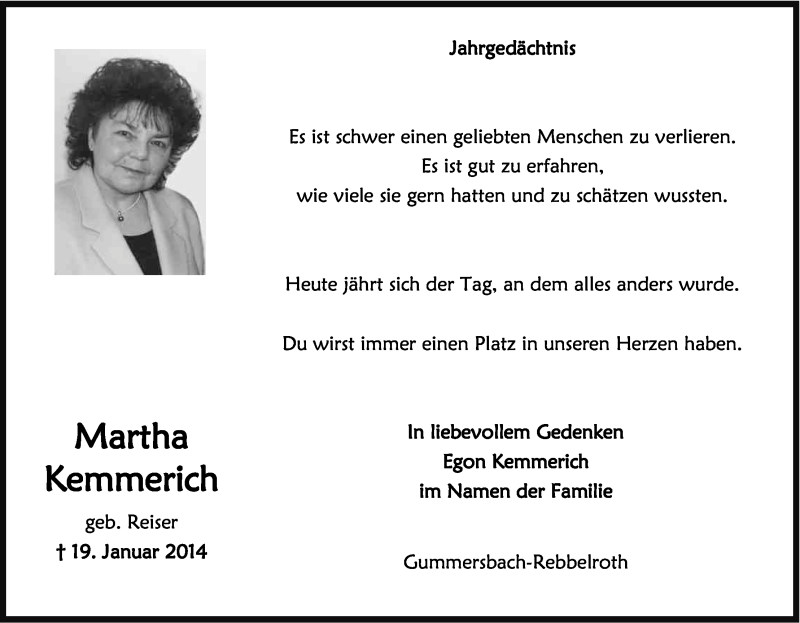  Traueranzeige für Martha Kemmerich vom 19.01.2015 aus Kölner Stadt-Anzeiger / Kölnische Rundschau / Express