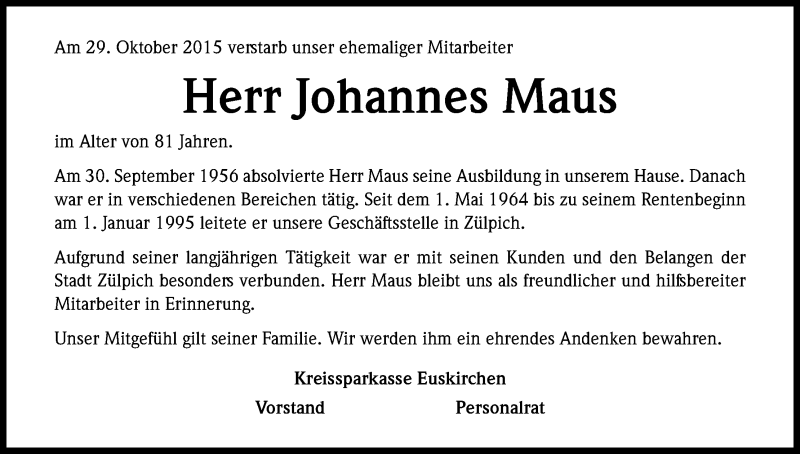  Traueranzeige für Johannes Maus vom 06.11.2015 aus Kölner Stadt-Anzeiger / Kölnische Rundschau / Express