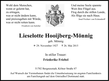Anzeige von Lieselotte Hooijberg-Mönnig von Kölner Stadt-Anzeiger / Kölnische Rundschau / Express