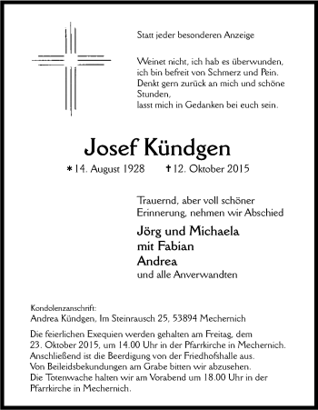 Anzeige von Josef Kündgen von Kölner Stadt-Anzeiger / Kölnische Rundschau / Express