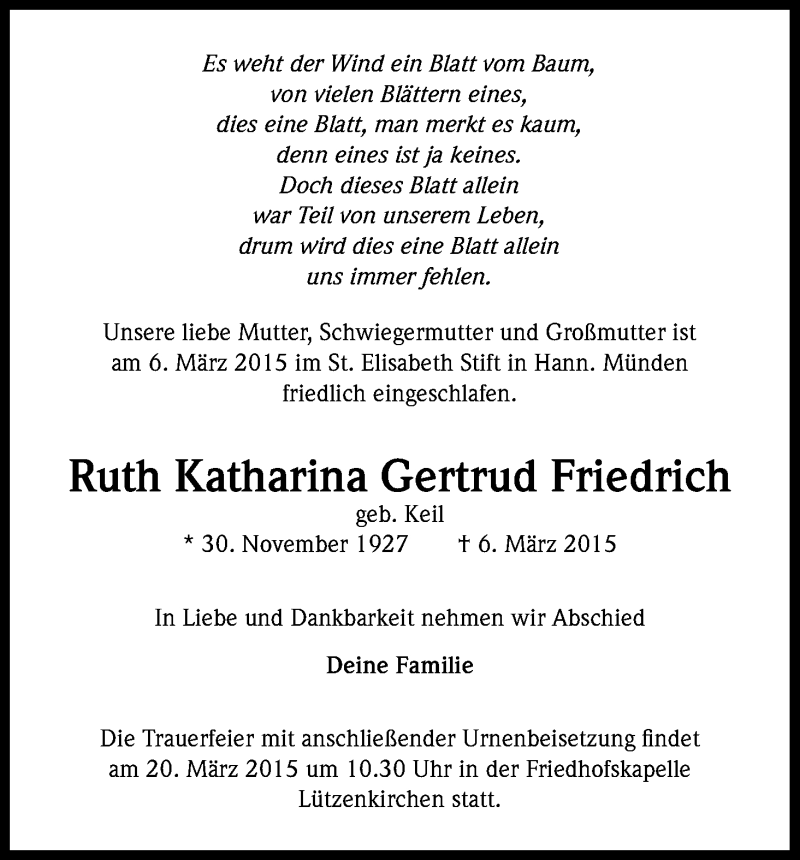  Traueranzeige für Ruth Katharina Gertrud Friedrich vom 18.03.2015 aus Kölner Stadt-Anzeiger / Kölnische Rundschau / Express