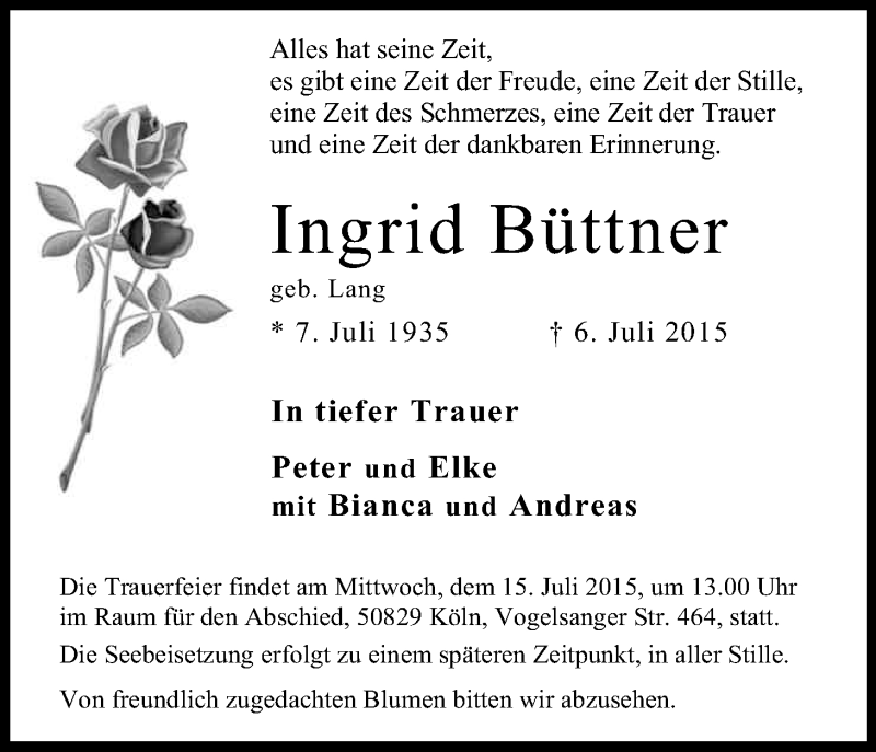  Traueranzeige für Ingrid Büttner vom 11.07.2015 aus Kölner Stadt-Anzeiger / Kölnische Rundschau / Express