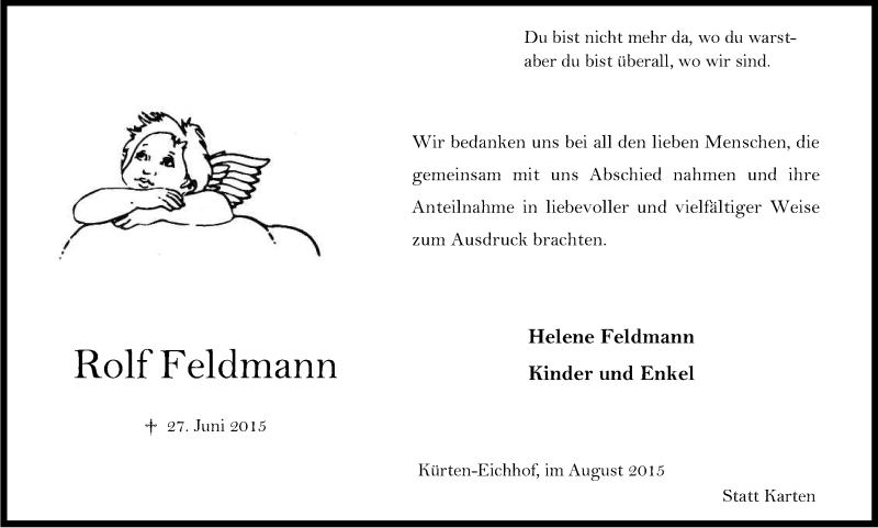  Traueranzeige für Rolf Feldmann vom 05.08.2015 aus Kölner Stadt-Anzeiger / Kölnische Rundschau / Express