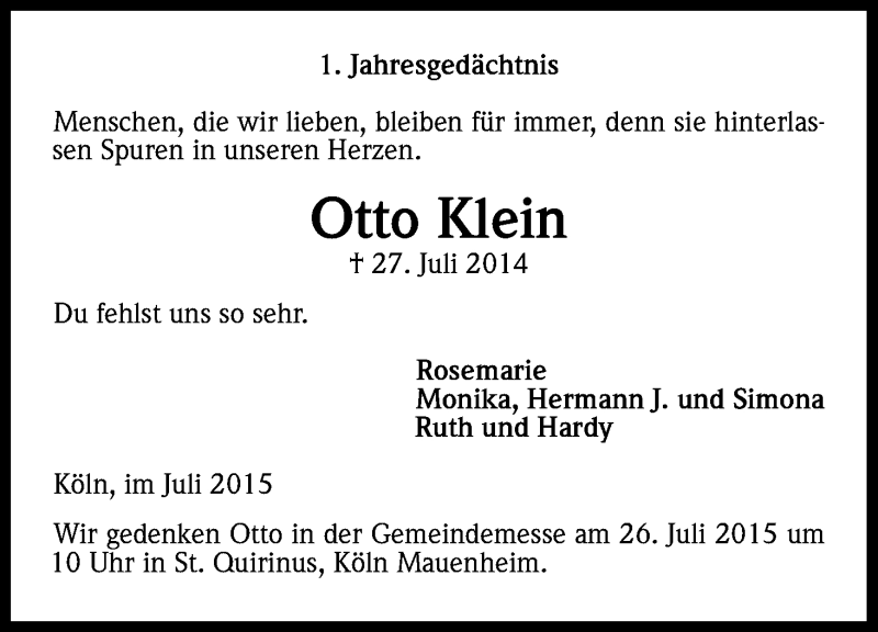  Traueranzeige für Otto Klein vom 25.07.2015 aus Kölner Stadt-Anzeiger / Kölnische Rundschau / Express