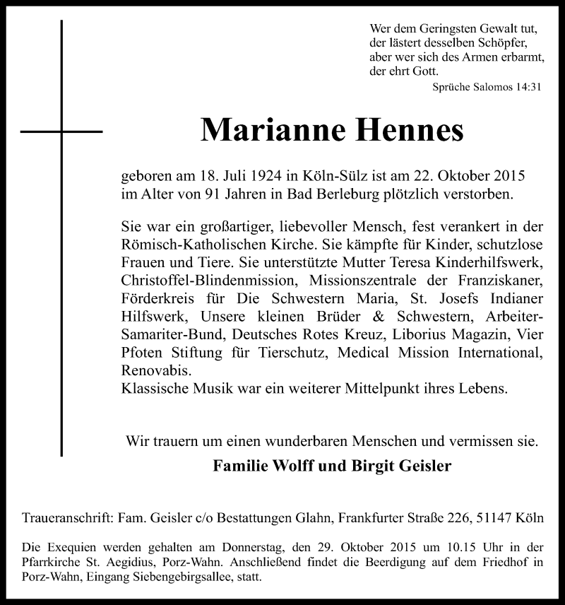  Traueranzeige für Marianne Hennes vom 28.10.2015 aus  Kölner Wochenspiegel 
