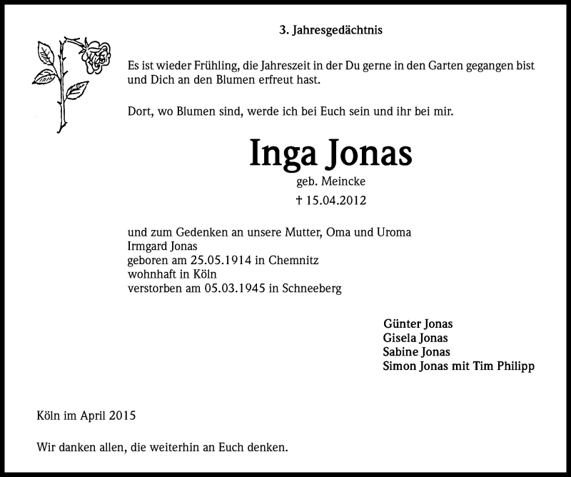  Traueranzeige für Inga Jonas vom 11.04.2015 aus Kölner Stadt-Anzeiger / Kölnische Rundschau / Express