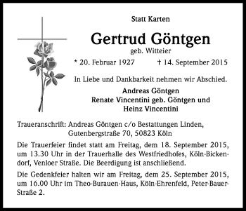 Anzeige von Gertrud Göntgen von Kölner Stadt-Anzeiger / Kölnische Rundschau / Express