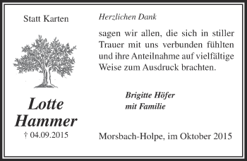 Anzeige von Lotte Hammer von  Lokalanzeiger 